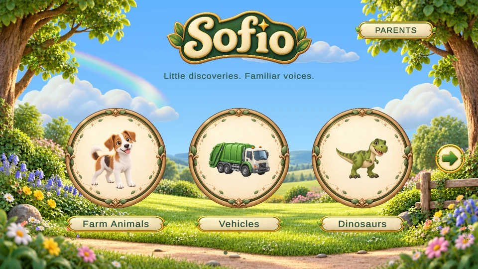 Sofio's refreshed Home screen in a rainbow meadow