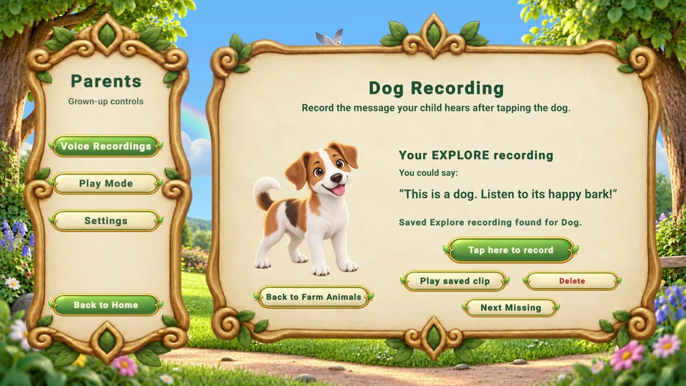 In Parents, a grown-up records the words a child will hear when tapping the dog.