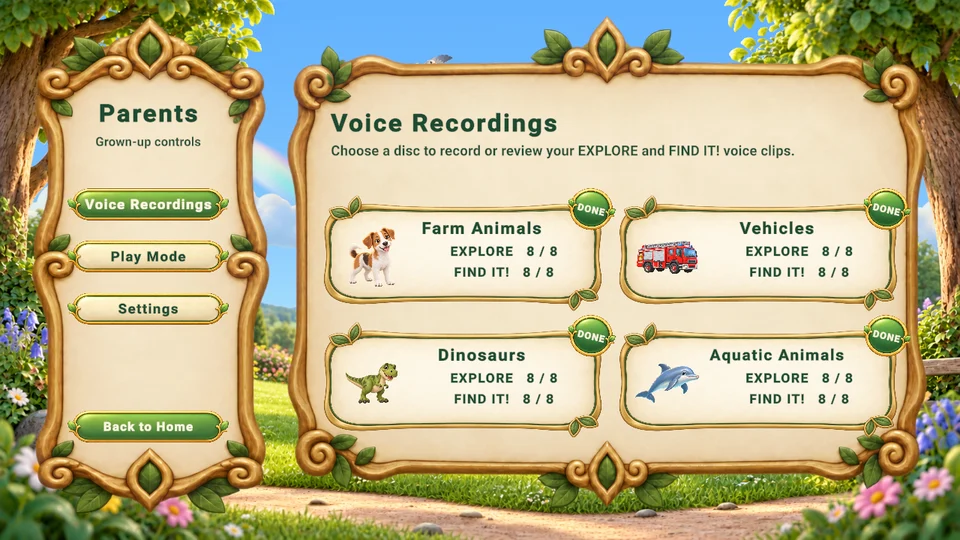 The protected parent area provides an overview of EXPLORE and FIND IT! recordings.